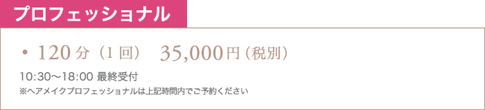 ・120分(1回) 35,000円(税別)10:30〜18:00最終受付 ※ヘアメイクプロフェッショナルは上記時間内でご予約ください